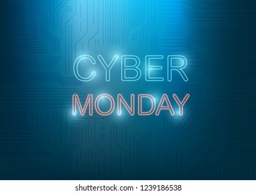 Cyber Montag Text mit Neon-Licht-Effekt und Stromleitungen. Abstrakter digitaler und technologischer Hintergrund. Vektorgrafik.