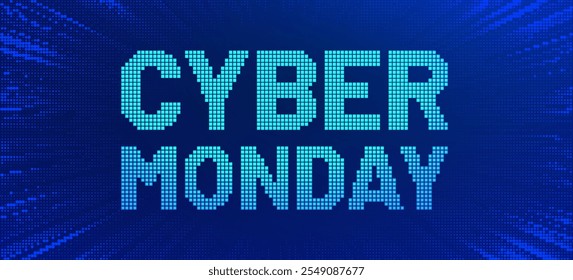 cyber Monday text in pixel digital tech concept, abstrakte typografie mit punkten für futuristisches promotionplakat, futuristischer halbtonhintergrund in blau
