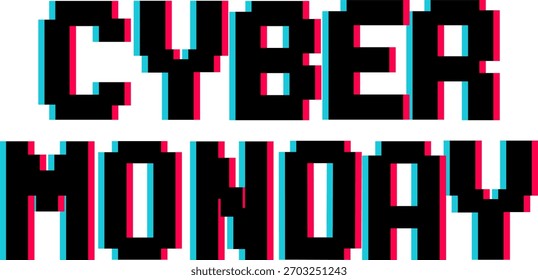 Cyber Monday Text Vetor: Pixel RGB Typography, Minimal Glitch Effect, Retro Digital E-commerce Banner