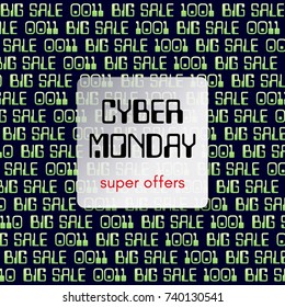 Cyber Monday theme is a square banner. Abstract glowing background design. Super sale inscription, a digital code. Vector illustration.