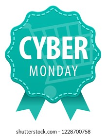 Cyber Monday turquoise label with a seam and ribbons icon isolated on white background. Vector illustration