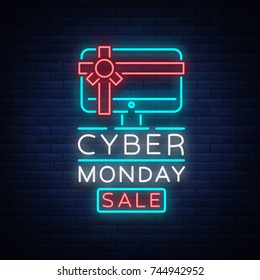 Cyber Monday vector banner in fashionable neon style, luminous signboard, nightly advertising advertisement of sales rebates of cyber Monday.