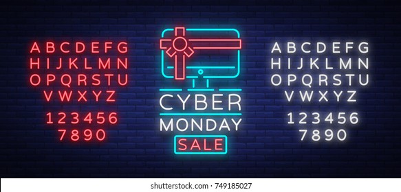 Cyber Monday vector banner in fashionable neon style, luminous signboard, nightly advertising advertisement of sales rebates of cyber Monday. Editing text neon sign. Neon alphabet