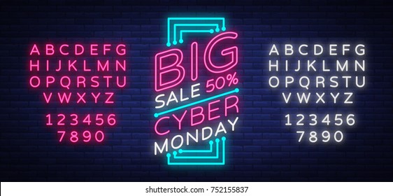 Cyber Monday vector banner in fashionable neon style, luminous signboard, nightly advertising advertisement of sales rebates of cyber Monday. Editing text neon sign. Neon alphabet.