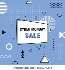 Cyber monday vector banner. Promo design template in memphis style. Sale background.