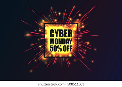 Cyber Monday. Vector banner in the square frame on the background color of the fireworks. Vector illustration for your graphic design. Gold Version