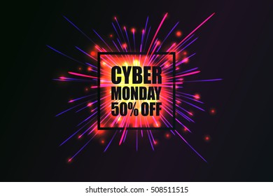 Cyber Monday. Vector banner in the square frame on the background color of the fireworks. Vector illustration for your graphic design. Pink version