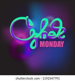 Cyber Monday vector banner template. Blue shining background and handwritten text with 3d effect. Modern typography. Vector illustration.