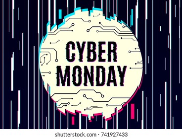 Cyber monday vector banner template in distorted glitch style on dark background. Vector illustration design.