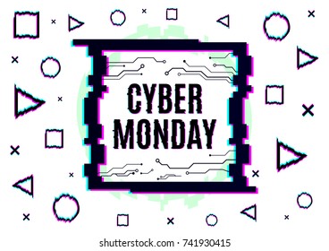 Cyber monday vector banner template in distorted glitch style with geometric forms. Vector illustration design.