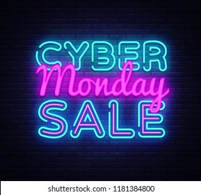 Cyber Monday Vector, discount sale concept illustration in neon style, online shopping and marketing concept, illustration. Neon luminous signboard, bright banner, luminous advertisement