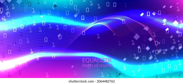 Cyber Monday Vector Equalizer. Cyber Equalizer Slide. Matrix Flying Binary Code. Fractal Flow Data Tech Neon Colorful Music Layout. Blue Pink Purple Background. Cyber Monday Banner