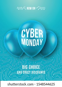 Cyber Monday vector poster. Trendy vertical design for  advertising and promo marketing. 3d Blue realistic balloons.