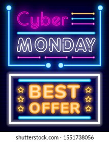 Cyber monday vector, set of neon signs for shop clearance. Abstract decoration of discounts design, business offer for clients of store. Rating with golden stars. Sale promotional banners illustration