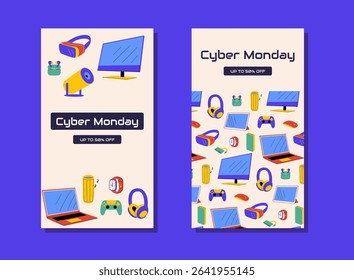 Cyber Monday vertical banner with colorful electronic gadgets and digital devices. Vector illustration for shopping, tech sale, electronics discount design
