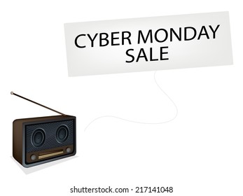 Cyber Monday, Vintage or Retro Revival Radio Broadcasting Black Friday News, Sign for Start Christmas Shopping Season. 