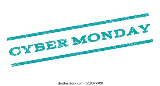 Cyber Monday watermark stamp. Text tag between parallel lines with grunge design style. Rubber seal stamp with dust texture. Vector cyan color ink imprint on a white background.