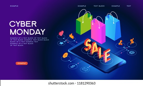 Cyber Monday Web Banner. Data visualization concept. 3d isometric vector illustration. Page template. 