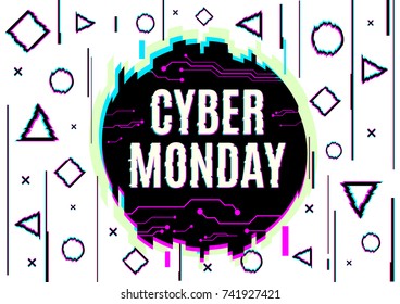 Cyber monday web banner in distorted glitch style with geometric forms. Vector illustration design.