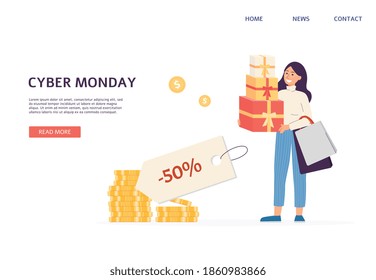 Cyber monday website banner template for online sale promotion, flat vector illustration. Web or landing page design for Cyber Monday autumn season sales.