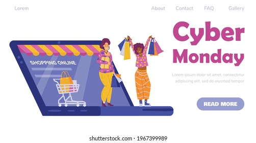 Cyber monday website banner template with happy buyers women carrying shopping bags, flat vector illustration. Webpage design for Cyber monday sales promotion.