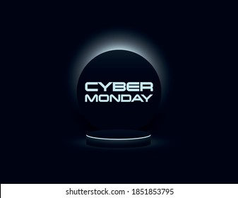 Cyber Monday website banner vector background with platform for product presentation. Modern dark futuristic design. Special offers and discounts promotion. Eps10 illustration.