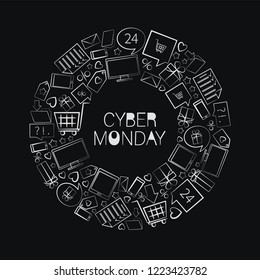 CYBER MONDAY. White signs arranged in a circle. Deal offer. Inscription design template with contrasting signs, black and white poster. Concept of sales notice, e-commerce, delivery service.
