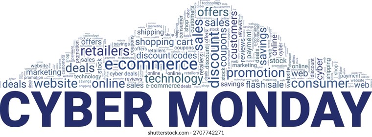 Diseño conceptual de nube de palabras de Cyber Monday aislado sobre fondo blanco.