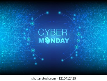 Cyber Monday Wording and mouse clicking with circuits light effect. Abstract digital and technology background. Vector Illustration.