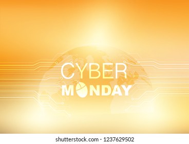 Cyber Monday Wording and mouse clicking with world and circuits light effect. Abstract digital and technology background. Vector Illustration.