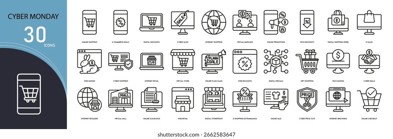 Coleções de ícones relacionadas à Cyber Monday. Inclui compras, venda, desconto, computador, carrinho, comércio eletrônico, oferta e ícones digitais. Contornar ícones.