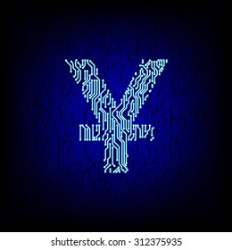 Cyber money concept. Circuit board yuan symbol on the digital high tech style vector background.

