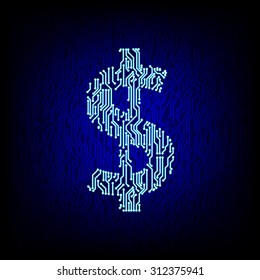 Cyber money concept. Circuit board dollar symbol on the digital high tech style vector background.
