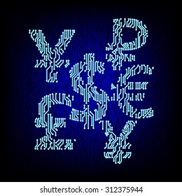 Cyber money concept. Circuit board currency symbols on the digital high tech style vector background.
