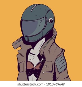 Cyber motorcycle rider in helmet and leather jacket