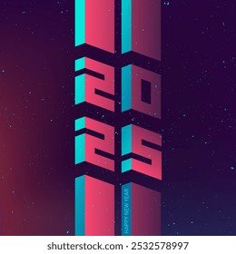 Cyber New Year 2025: Isometric Numbers in Vaporwave Colors. Bold Typography Art with Retro Gaming Vibes and Cosmic Atmosphere. Modern 3D Design with Synthwave Aesthetics and Space Background.