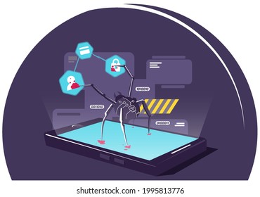 Cyber ​​spider on smartphone hacks data vector illustration. Hacking a smartphone