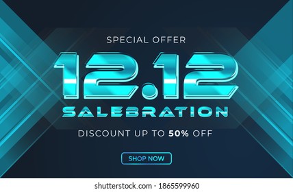 Cyber online 12.12 salebration banner template. Techno futuristic theme for shopping festival, end of year sale poster. Promotional banner template