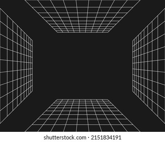 Cyber perspective grid extending into the horizon, retro punk perspective grid. Retro wave geometry on black background. Vector illustration.