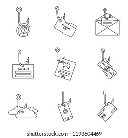 Cyber phish attacks fraud icon set. Outline set of cyber phish attacks fraud vector icons for web design isolated on white background