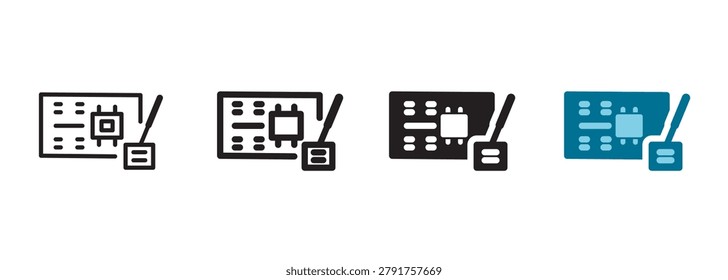 Cyber physical system icon with microchip motherboard and machinery interface representing smart factory automation, digital manufacturing network, internet of things, and fourth revolution.