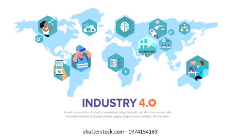 Cyber Physical Systems And Cognitive Computing On World Map, Concept Infographic Of Industry 4.0. Vector Illustration