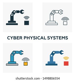 Cyber Physical Systems icon set. Four elements in different styles from industry 4 icons collection. Creative cyber physical systems icons filled, outline, colored and flat symbols.