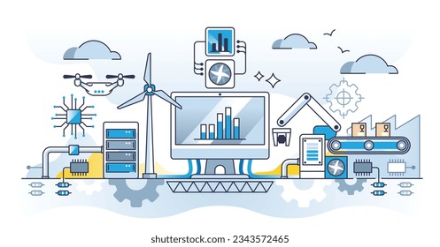 Sistemas físicos cibernéticos como red de sensores para dispositivos externos, concepto de contorno. Control y monitoreo de manufacturas con tecnología incorporada e ilustración vectorial efectiva de la automatización de la IOT y la IA.