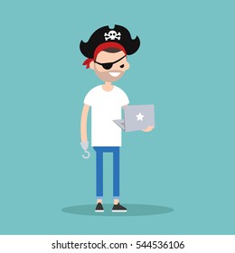 Cyber piracy. Conceptual illustration. Young bearded man wearing pirate outfit and holding a laptop / editable flat vector illustration, clip art