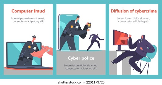 Cyber Police Cartoon Banners. Policeman Character Catching Robber through Computer or Smartphone Screen. Information and Private Data Protection Service, Law Defence. Vector Illustration, Posters