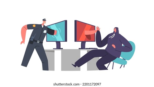 Cyber Police Catching Robber through Computer Screen. Policeman Character Defend Information and Private Data, Law Defence, Online Protection from Hacker Attack. Cartoon People Vector Illustration