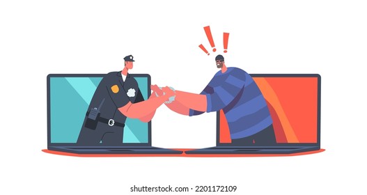 Cyber Police Concept. Policeman Character Put Handcuffs on Bulgar Hands, Cop Catch Robber through Laptop Desktop. Data Protection Service, Law Defence Department. Cartoon People Vector Illustration