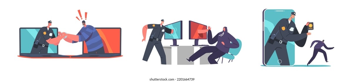 Cyber Police Concept. Policeman Character Catching Robber through Computer or Smartphone Screen. Information and Private Data Protection Service, Law Defence. Cartoon People Vector Illustration