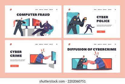 Cyber Police Landing Page Template Set. Policeman Character Catching Robber through Computer or Smartphone Screen. Information and Private Data Protection Service. Cartoon People Vector Illustration